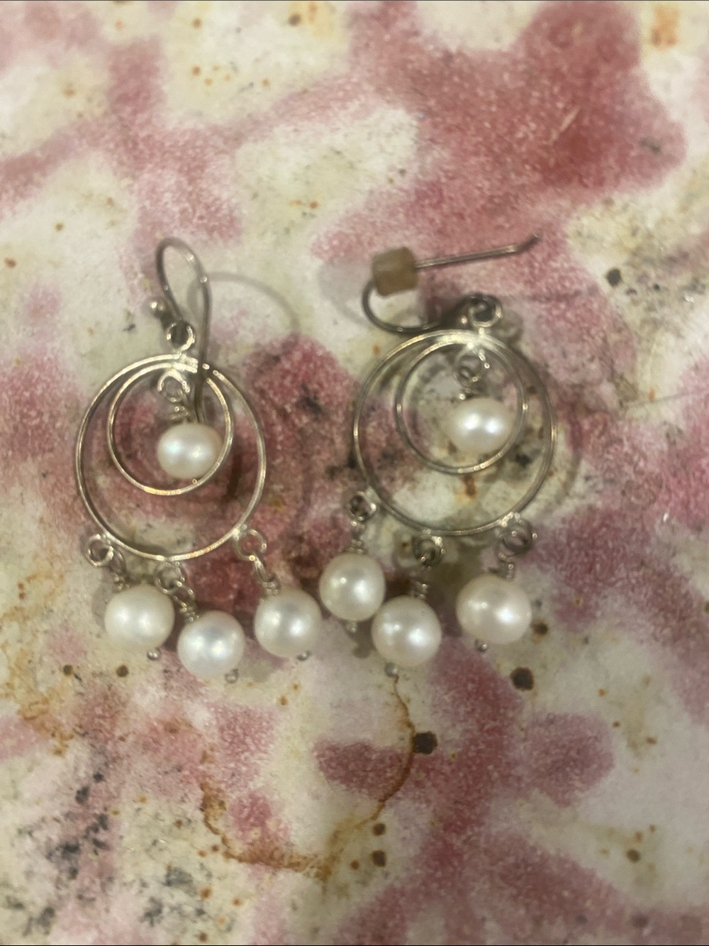 Silver Hoop Pearl Dangle Earrings - White Pearls